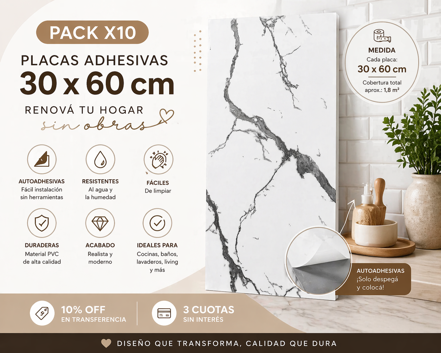Pack x10 Placas de Pared Adhesivas M&aacute;rmol